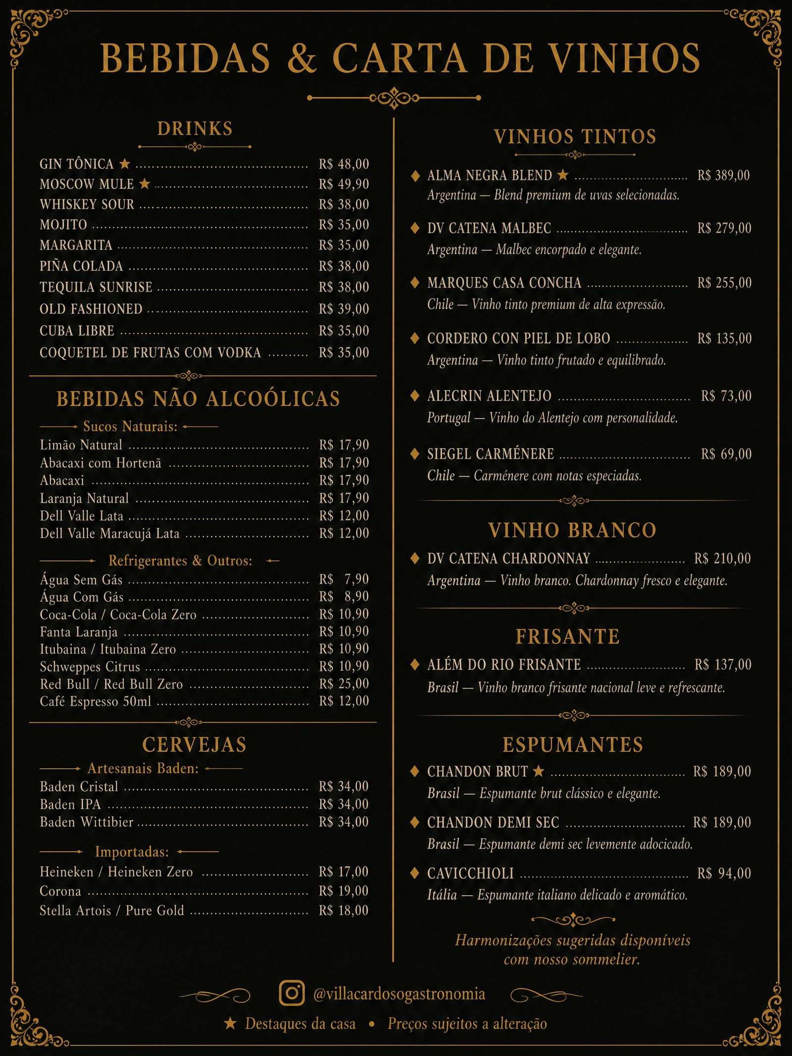 Cardápio — Bebidas e Vinhos